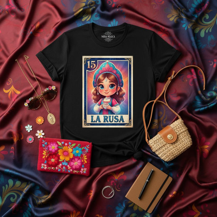 LA RUSA Cute Cartoon Mexican Loteria Card Design T-Shirt Unisex Graphic Tee, Number 15 Bingo Card Style Shirt, Traditional Game Inspired Apparel