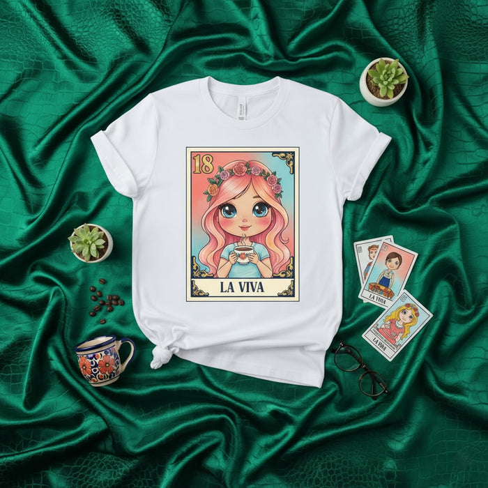 LA VIVA Loteria Card Shirt, Cute Pink Haired Girl Holding Coffee Tee, Mexican Bingo Graphic T-Shirt, Pastel Floral Crown Design, Unisex T-shirt Gift