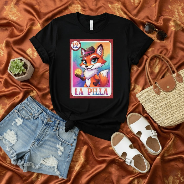 LA PILLA Loteria Card T-Shirt Cute Fox Graphic Tee Retro Mexican Bingo Game Design Unisex Top with Number 12 and Coin Image