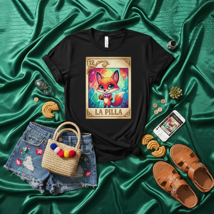La Pilla Loteria Card Fox T-Shirt, Cute Kawaii Mexican Bingo Style Graphic Tee, Unisex Funny Animal Shirt Gift