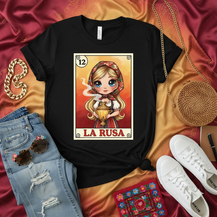 La Rusa Loteria Card T-Shirt Cute Russian Woman with Samovar Graphic Tee Unisex Folk Art Style Gift for Babushka Lover