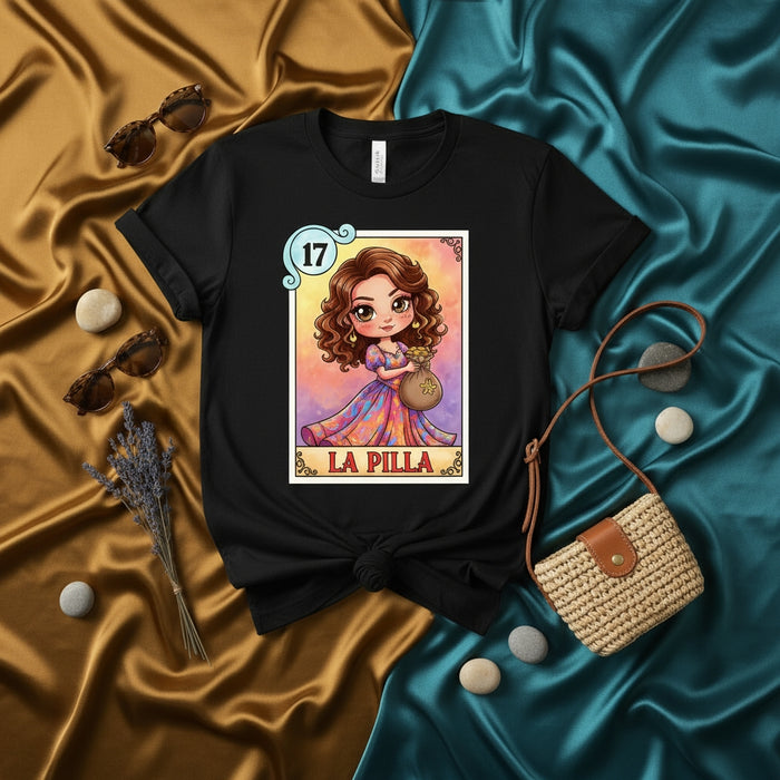 LA PILLA Loteria Card T-Shirt, Number 17 The Cunning Woman Graphic Tee, Funny Mexican Bingo Game Shirt, Cute Latina Chibi Art Unisex Top