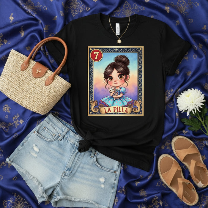 LA PILLA Cute Girl with Kitten Loteria Card T-Shirt, Mexican Bingo Game Art Tee, Vintage Style Number 7 La Dama Inspired Unisex Graphic Shirt, Nostalgic Latina Culture Fashion Gift Idea