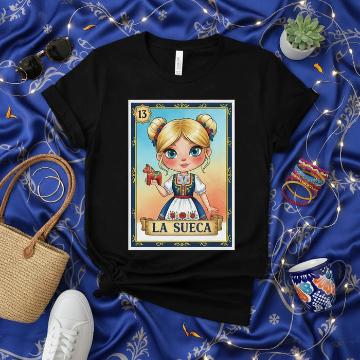 LA SUECA Loteria Card T-Shirt, Cute Blonde Girl in Traditional Swedish Dress with Dala Horse, Unisex Graphic Tee, Number 13 Mexican Bingo Game Design Shirt