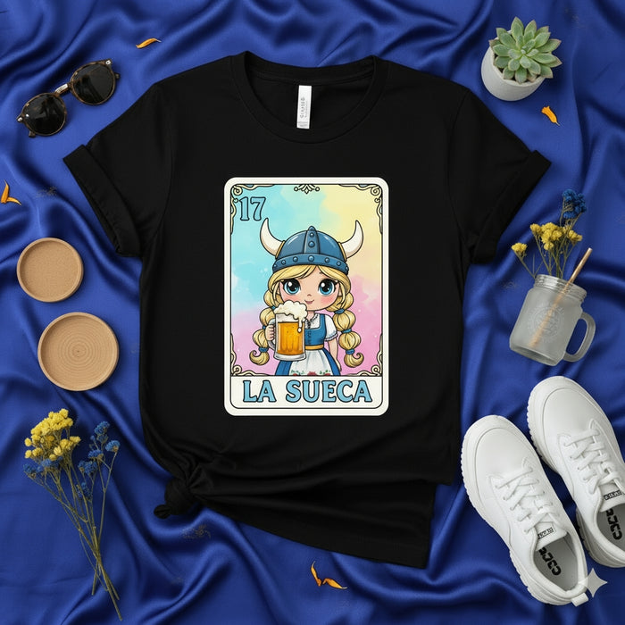 LA SUECA Cute Viking Girl with Beer T-Shirt, Funny Scandinavian Swedish Woman Lotería Card Design, Unique Unisex Graphic Tee Gift, Number 17 Print