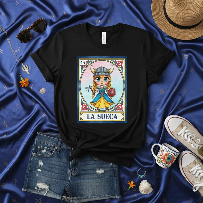 LA SUECA Cute Viking Girl with Axe and Shield Loteria Card Design Graphic Unisex T-Shirt, Norse Mythology Inspired Chibi Character Tee, Funny Mexican Bingo Game Art Shirt for Women and Men
