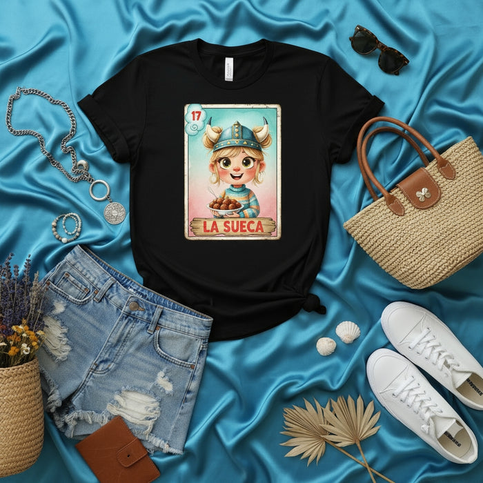 La Sueca Loteria Card T-Shirt, Funny Viking Girl with Meatballs Tee, Mexican Bingo Game Inspired, Cute Cartoon Graphic Novelty Unisex Shirt