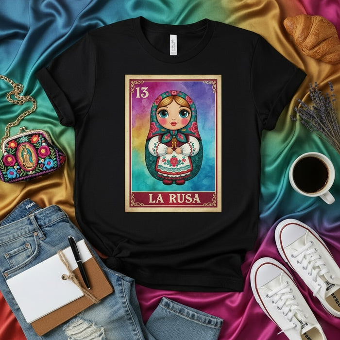 LA RUSA Matryoshka Doll T-Shirt, Mexican Loteria Card 13 Inspired Tee, Unisex Folk Art Design Russian Nesting Doll Shirt, Colorful Artistic Graphic Top