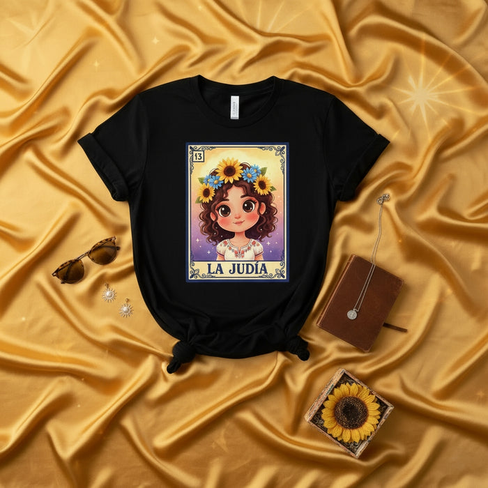 La Judía Loteria Card T-Shirt, Cute Cartoon Girl with Sunflower Crown, Mexican Bingo Game Art, Unisex Graphic Tee Shirt Gift