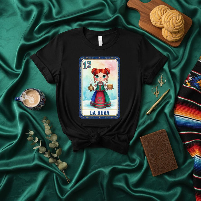 LA RUSA La Lotería Card 12 Shirt, Russian Doll Cartoon Character Graphic Tee, Mexican Bingo Game Inspired Unisex T-Shirt, Cute Kawaii Folk Art Design Clothing