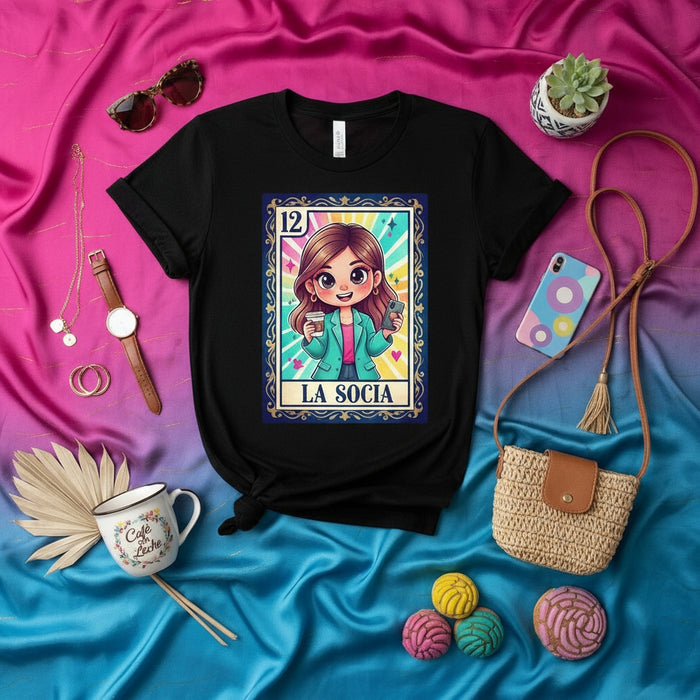 LA SOCIA Cute Loteria Card T-Shirt, Business Partner Latina Girl with Coffee Cup Graphic Tee, Mexican Bingo Game Style Unisex Apparel Gift
