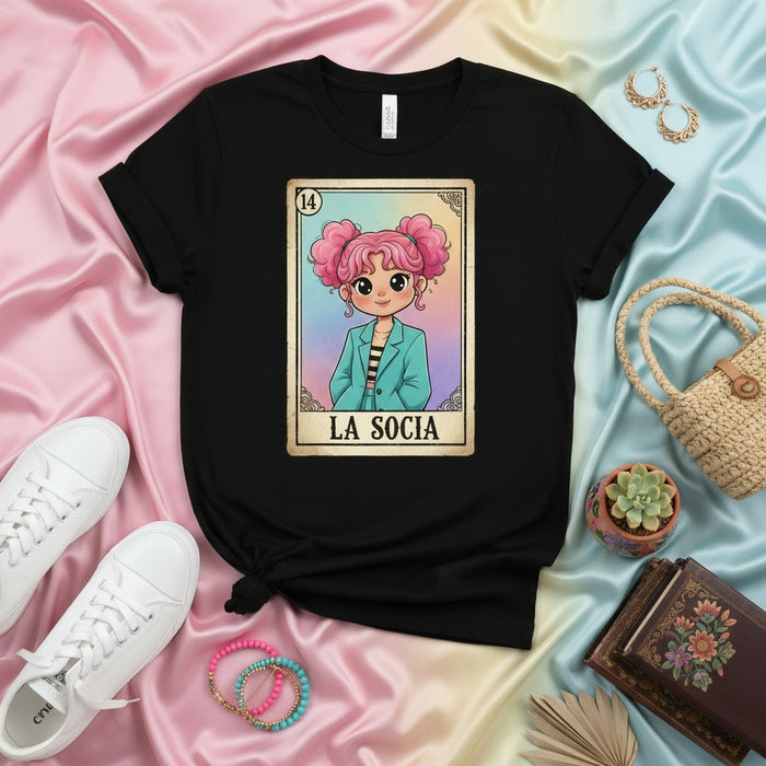 LA SOCIA Cute Kawaii Lotería Card 14 T-Shirt, Funny Mexican Bingo Game Partner Tee, Pink Haired Girl Entrepreneur Gift, Latina Small Business Owner Shirt, Aesthetic Black Unisex Top