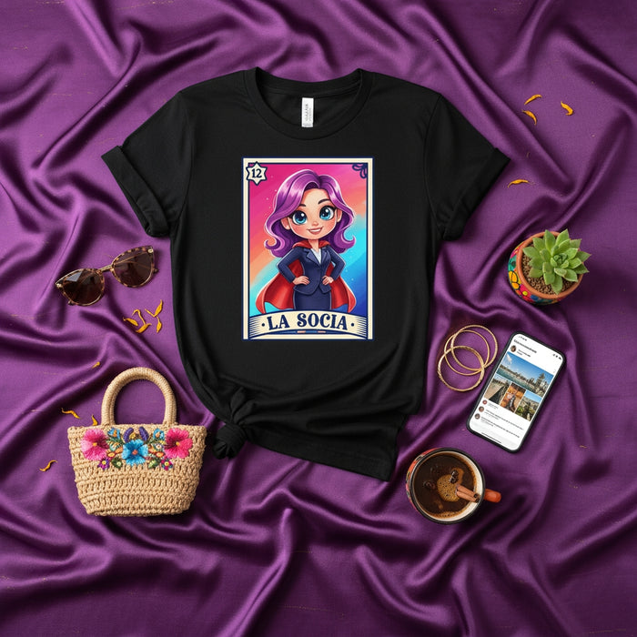 LA SOCIA Modern Loteria Card Shirt, Number 12 Female Superhero Graphic Tee, Mexican Bingo Inspired Unisex Black T-Shirt, Gift for Latina Businesswoman and Entrepreneur