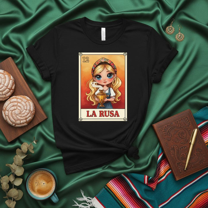 LA RUSA Cute Blonde Girl Loteria Card T-Shirt, Unisex Tee with Russian Doll Inspired Art, Mexican Bingo Game Design Apparel, Aesthetic Folk Art Gift Top