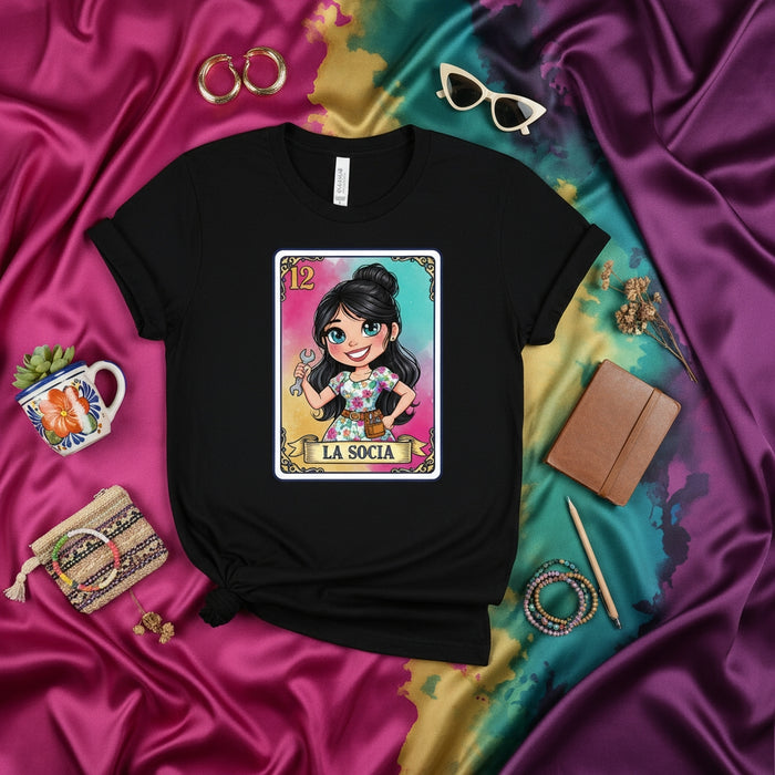La Socia Latina Loteria Card T-Shirt, Mechanic Woman Business Owner Tee, Cute Chicana Style Graphic Shirt, Mexican Bingo Game Inspired Gift for Her, Entrepreneur Gift