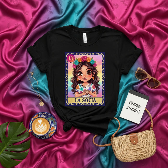 LA SOCIA Loteria Card T-Shirt, Cute Floral Crown Girl Design, Mexican Bingo Game Inspired Tee, Unisex Graphic Shirt, Latina Power Gift Idea for Her, Boho Style Top