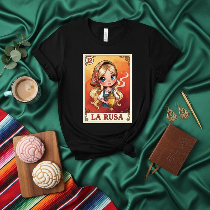 LA RUSA Lotterie-T-Shirt: Traditionelle russische Mädchen-Illustration mit Samowar-Grafik, mexikanisches Bingo-inspiriertes Unisex-Shirt, Nummer 12 Design
