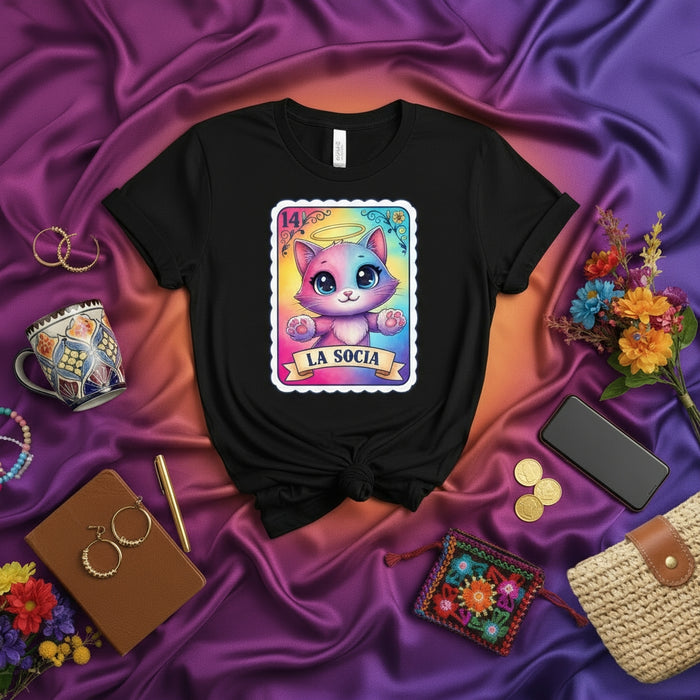 La Socia Rainbow Angel Cat Cute Loteria Card 14 Unisex T-Shirt, Mexican Bingo Game Inspired Kitten Tee, Vibrant Colorful Graphic Cat Lover Gift Shirt