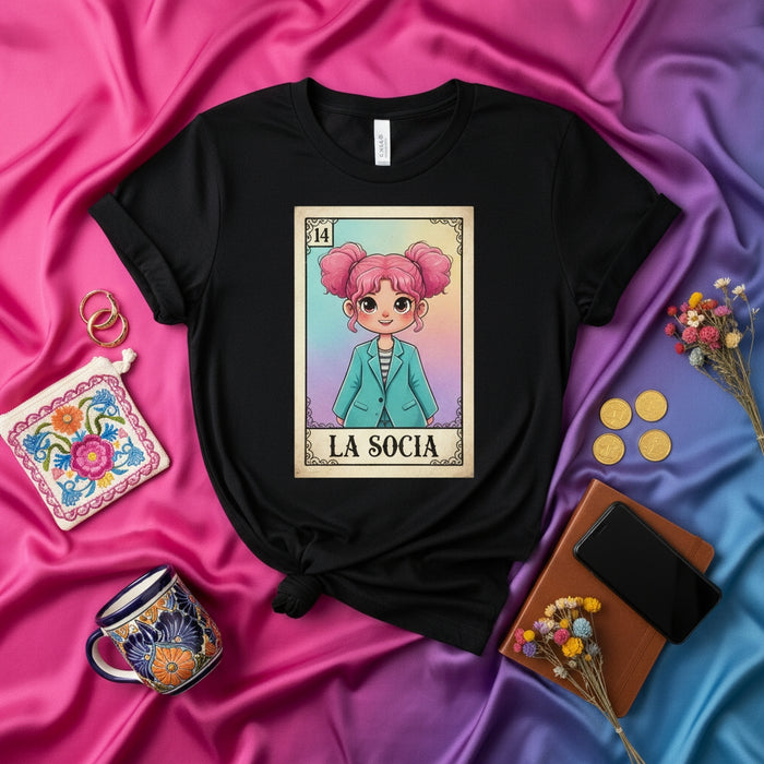 LA SOCIA Loteria Card T-Shirt Cute Pink Haired Girl Design Number 14 Mexico Game Graphic Tee Unisex Shirt Latina Businesswoman Aesthetic Gift Idea