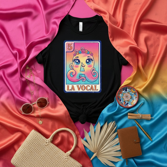 LA VOCAL Loteria Card T-Shirt, Cute Cartoon Octopus Letter 'A' Design Tee, Colorful Aesthetic Mexican Game Art Unisex Shirt, Kawaii Style Graphic Top for Women and Men