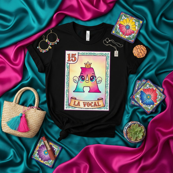 LA VOCAL Cute 'A' Loteria Card T-Shirt, Colorful Mexican Bingo Inspired Graphic Tee, Number 15 Character with Crown and Wings, Fun Hispanic Culture Apparel, Unisex Top
