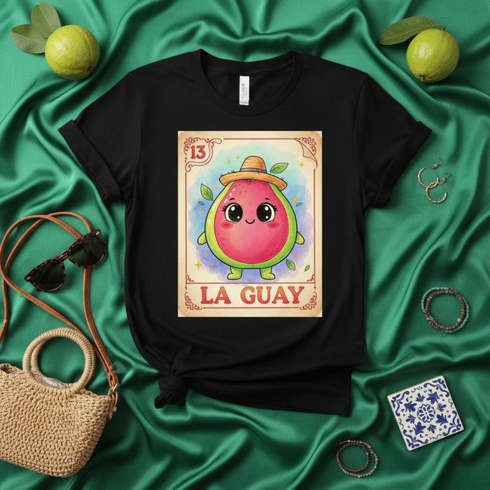 LA GUAY Loteria Card Guava Fruit Unisex T-Shirt with Straw Hat, Cute Kawaii Mexican Bingo Card Design, Funny Foodie Tee Shirt for Men and Women, Number 13 Guayaba Graphic Apparel