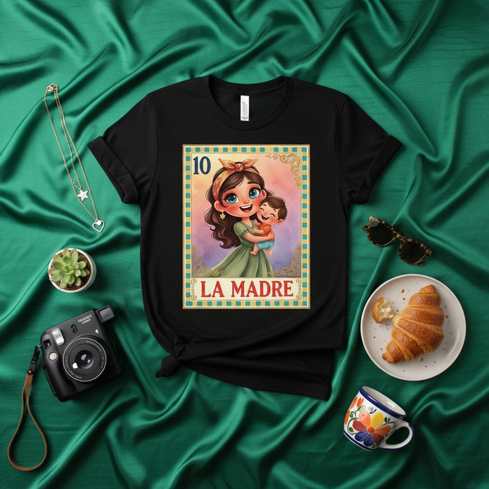 LA MADRE Mexican Loteria Card Graphic T-Shirt | Cute Mother Holding Child Drawing | Unisex Tee Gift for Mom, Mother's Day, or Latina Culture Lovers