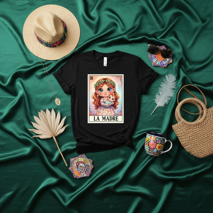 LA MADRE Cute Mother and Child Loteria Card T-Shirt, Mexican Bingo Game Art Tee, Short Sleeve Unisex Graphic Shirt Gift for Mom