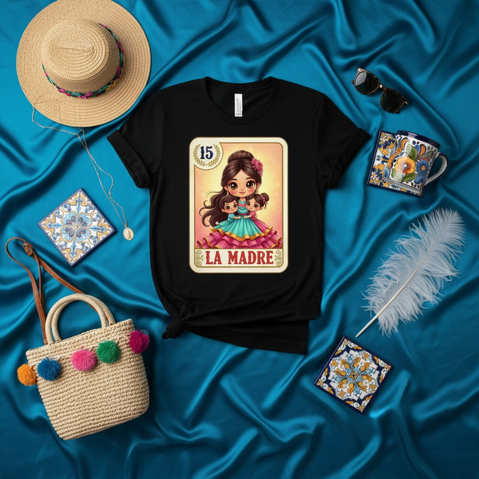 LA MADRE Loteria Card T-Shirt, Cute Mom with Two Daughters Design, Number 15 Mexican Bingo Game Art, Mother's Day Gift, Familia Tee, Latina Style Apparel, Unique Graphic Shirt for Women, Unisex Fit