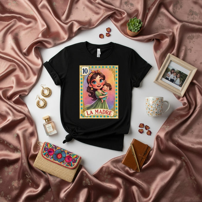 La Madre Loteria Card T-Shirt, Mother's Day Gift, Cute Mom and Baby Illustration Tee, Mexican Bingo Game Art Graphic Shirt, Unisex Black Top for Her