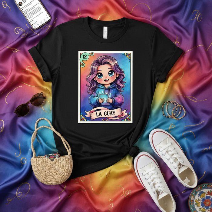 LA GUAY Cute Pastel Anime Girl Lotería Card T-Shirt, Unisex Black Tee with Number 12 Design, Vibrant Rainbow Hair Graphic Top, Mexican Bingo Style Gift Apparel