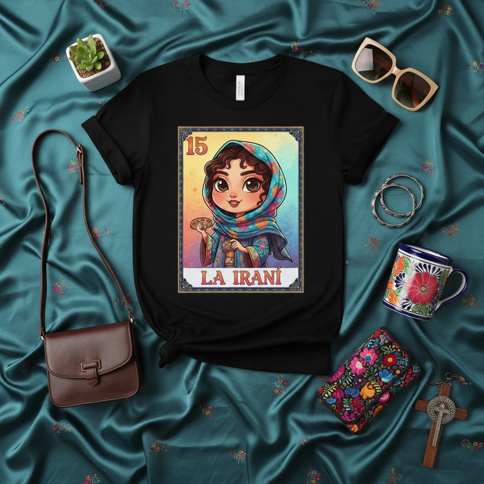 LA IRANÍ - La Loteria Card 15 T-Shirt, Persian Girl Design, Iranian Heritage Gift, Cute Chibi Art Unisex Tee, Cultural Pride Apparel