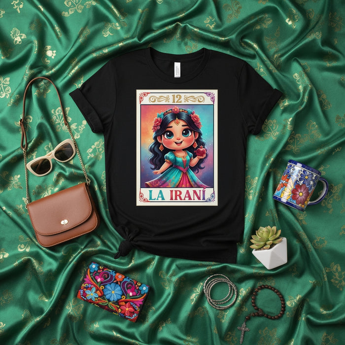LA IRANÍ Loteria Card T-Shirt, Cute Persian Girl Graphic Tee, Mexican Bingo Inspired Design, Funny Cultural Heritage Unisex Apparel Gift