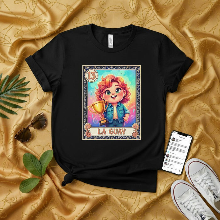 LA GUAY Unisex T-Shirt - Cute La Lotería Card Design, Number 13, Curly-Haired Kid Holding Gold Trophy, Colorful Graphic Tee, Mexican Bingo Inspired Apparel, Unique Gift Idea