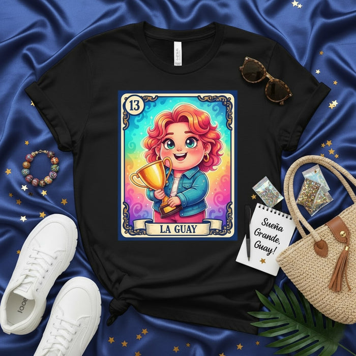 LA GUAY Rainbow Loteria Card T-Shirt Cute Girl Holding Trophy Mexican Bingo Style Graphic Tee Unisex