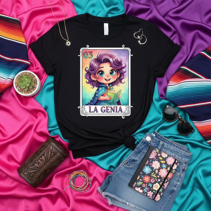LA GENIA Loteria Card T-Shirt Cute Cartoon Magical Girl Reading Book Graphic Tee Unisex Gift Idea