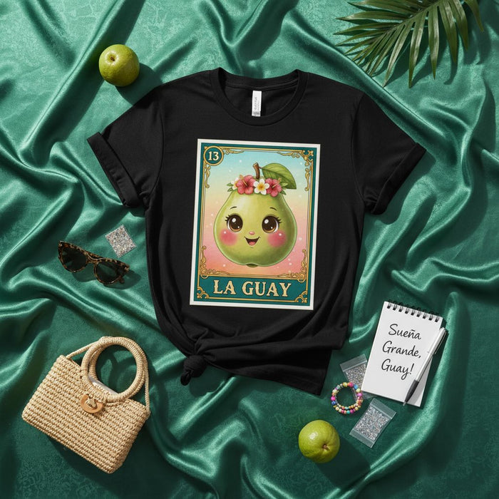 LA GUAY Cute Pear Guava Loteria Card T-Shirt Unisex Mexican Bingo Style Design Floral Crown Fruit Tee for Men Women