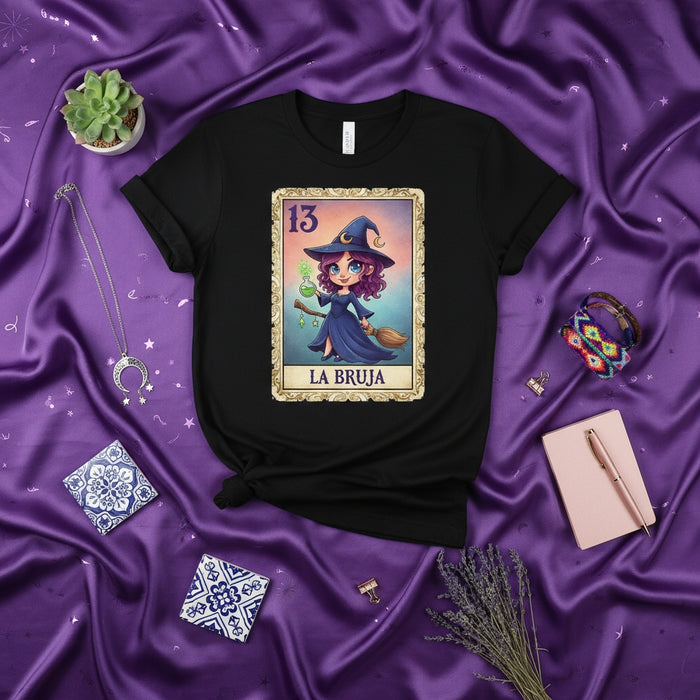LA BRUJA Cute Little Witch Loteria Card T-Shirt, Number 13, Mystical Halloween Fantasy Graphic Tee, Unisex Adult Short Sleeve Shirt, Occult Magician Costume Apparel