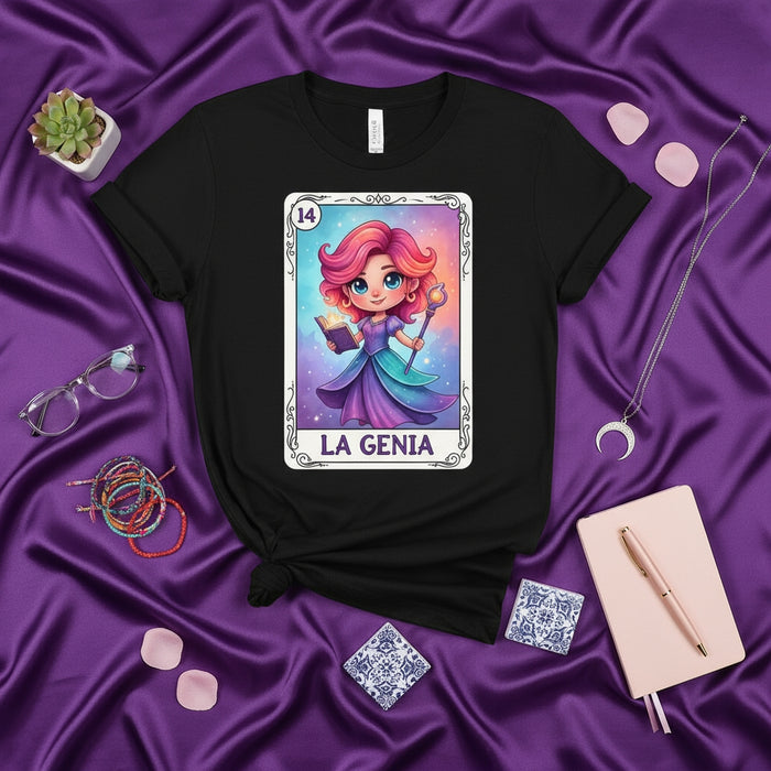 LA GENIA Cute Fantasy Art Loteria Card T-Shirt, Magical Girl Sorceress Graphic Tee, Number 14 La Lotería Inspired Design, Fun Mexican Game Style Unisex Shirt