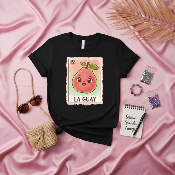 La Guay Cute Kawaii Guava Fruit Loteria Card 12 Black Unisex T-Shirt - Mexican Bingo Inspired Design, Sweet Fruit Lover Gift for Men and Women, Aesthetic Pastel Graphic Tee with Spanish Phrase