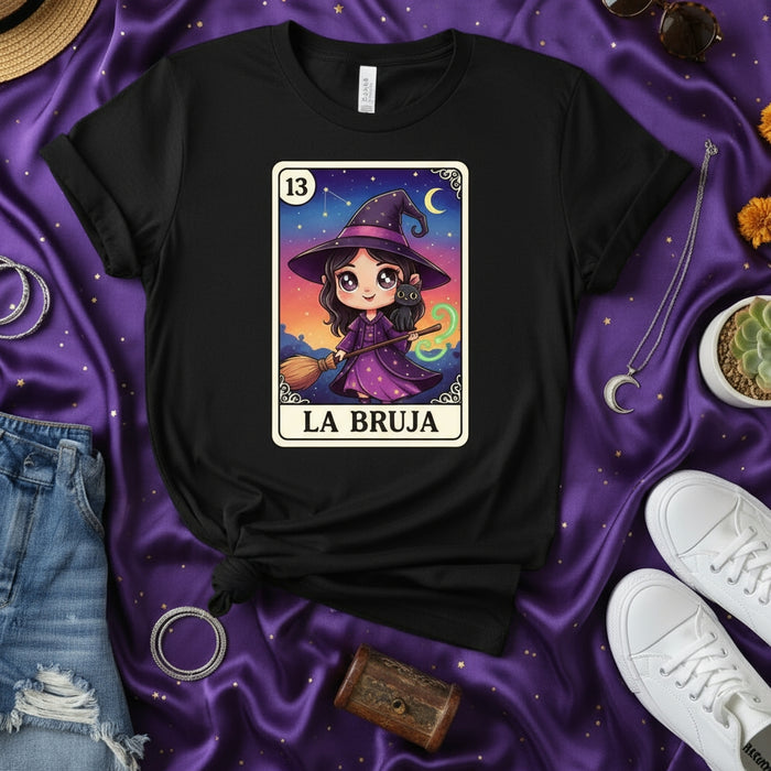 LA BRUJA Cute Chibi Witch Tarot Card T-Shirt with Black Cat and Broomstick, Number 13 Mexican Bingo Inspired Funny Halloween Graphic Tee, Mystical Spooky Season Unisex Apparel Gift Idea