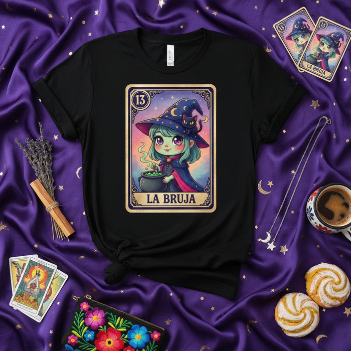 LA BRUJA Cute Chibi Witch Loteria Card 13 T-Shirt | Spooky Season Halloween Tee | Magical Elixir Potion Shirt | Kawaii Black Cat Tarot Inspired Design | Unisex Graphic Apparel Gift for Wiccans and Mystics