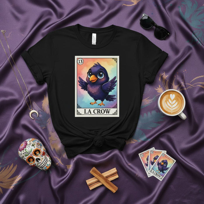 LA CROW Cute Cartoon Raven Lotería Card T-Shirt | Unique Day of the Dead Sugar Skull Aesthetic | Unisex Mexican Bingo Style Graphic Tee with Rainbow Background and Number 13 | Spooky & Fun Bird Lover Gift Idea