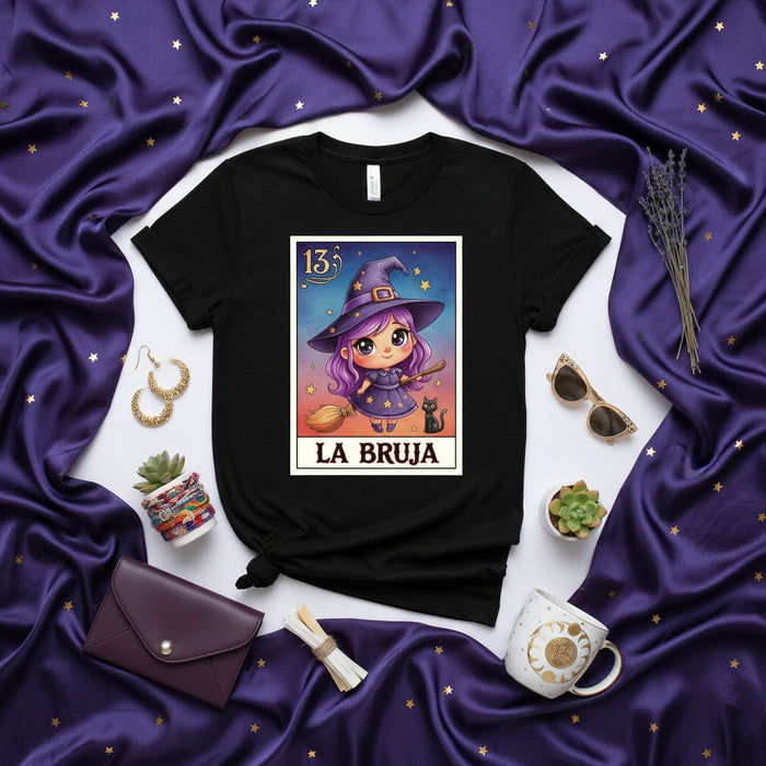 LA BRUJA Cute Purple Witch Halloween Loteria Card Graphic Tee Unisex Black T-Shirt Spooky Season Latinx Magic Costume Inspired Folk Game Merch Aesthetic Gift