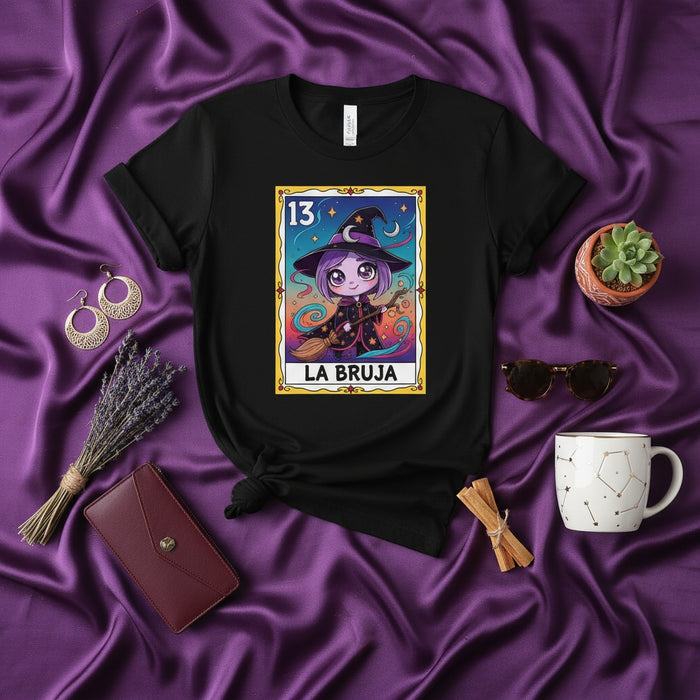LA BRUJA Cute Chibi Witch Halloween Loteria Card Graphic Tee Unisex Black T-Shirt, Spooky Season Gift Idea for Women and Men