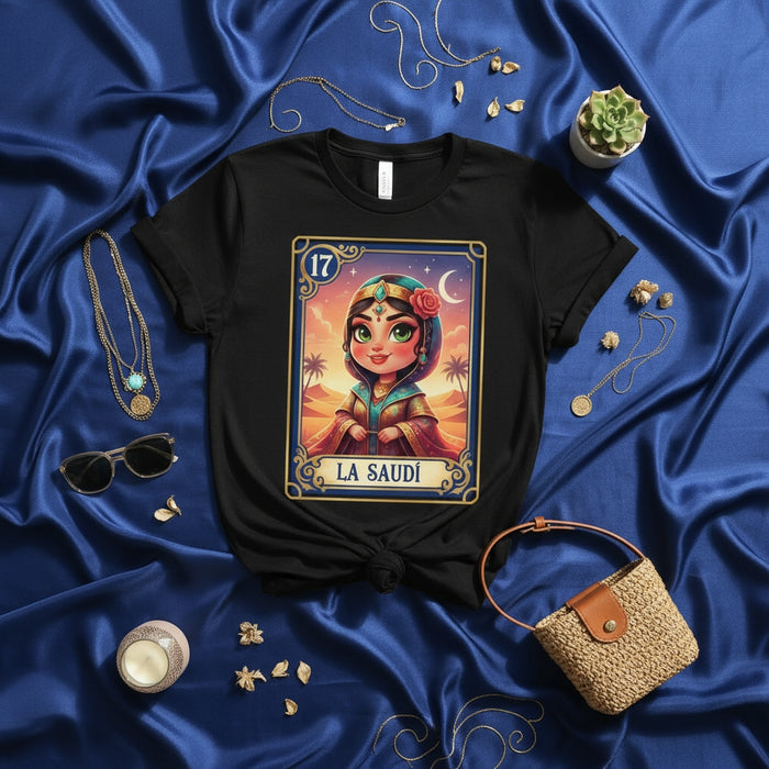 LA SAUDÍ Middle Eastern Desert Princess Loteria Card Art Unisex T-Shirt - Cute Arabian Woman Design Tee Shirt - Unique Mexican Bingo Style Game 17 Top