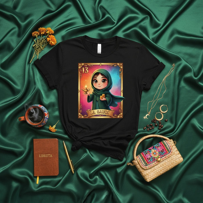 LA SAUDÍ Middle Eastern Woman Saudi Loteria Card Style T-Shirt, Arabian Girl Lamp Character Graphic Tee, Unisex Black Shirt with Number 13 Design