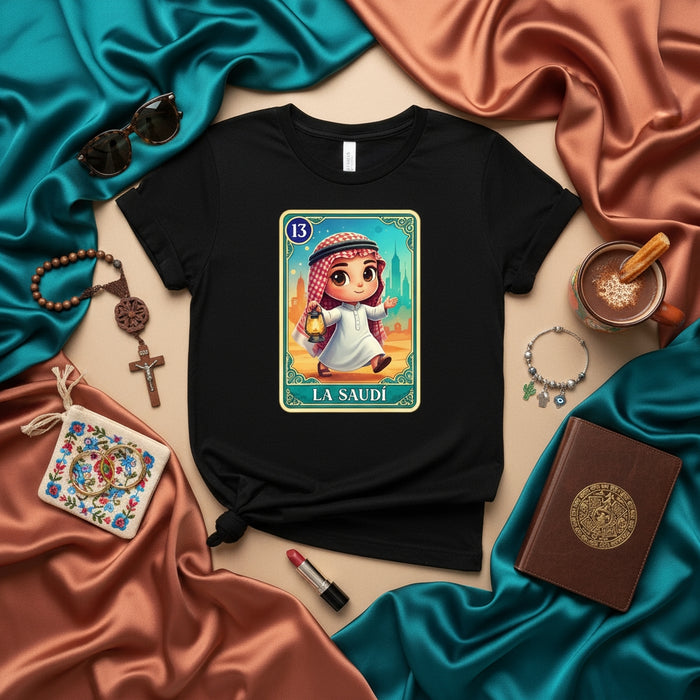 LA SAUDI Mexican Loteria Card Style Unisex T-Shirt - Cute Arabic Boy with Lantern Number 13, Unique Saudi Culture Game Art Graphic Tee Shirt Gift Idea