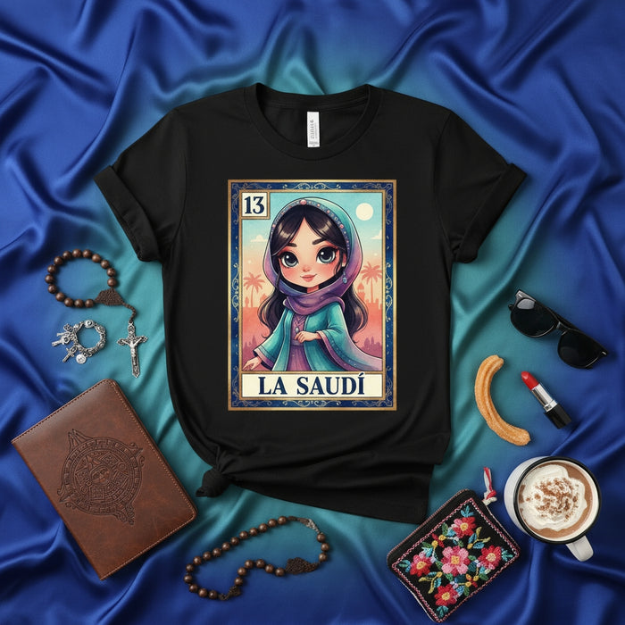 LA SAUDÍ - La Lotería Card 13 Unisex T-Shirt - Cute Saudi Arabian Woman with Hijab Design Tee Gift for Arabic Culture Lovers