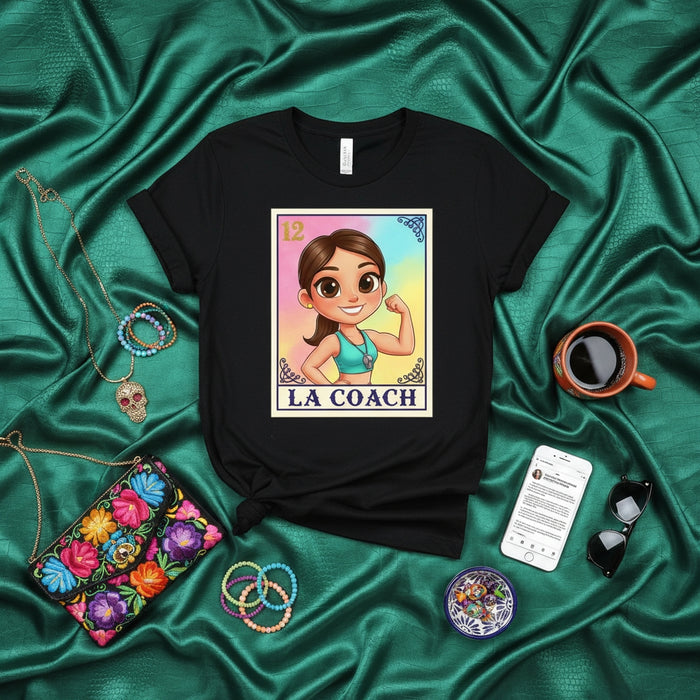 LA COACH Loteria Card T-Shirt, Funny Hispanic Fitness Coach Tee, Mexican Bingo Inspired Coach Gift, Cute Workout Shirt for Women